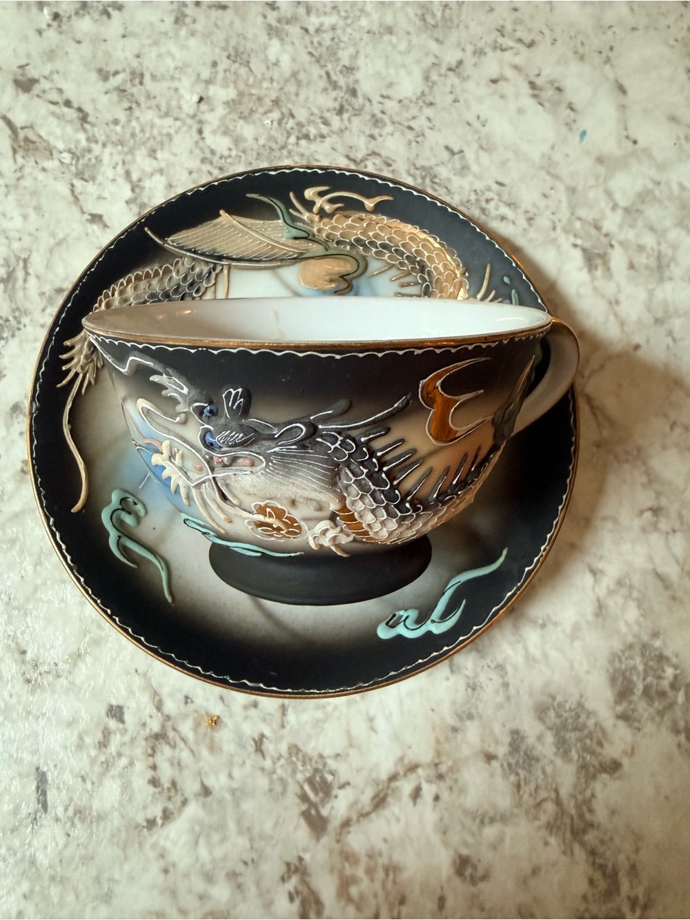 Vintage Hand Painted Japan Dragon Teacup & Saucer Set